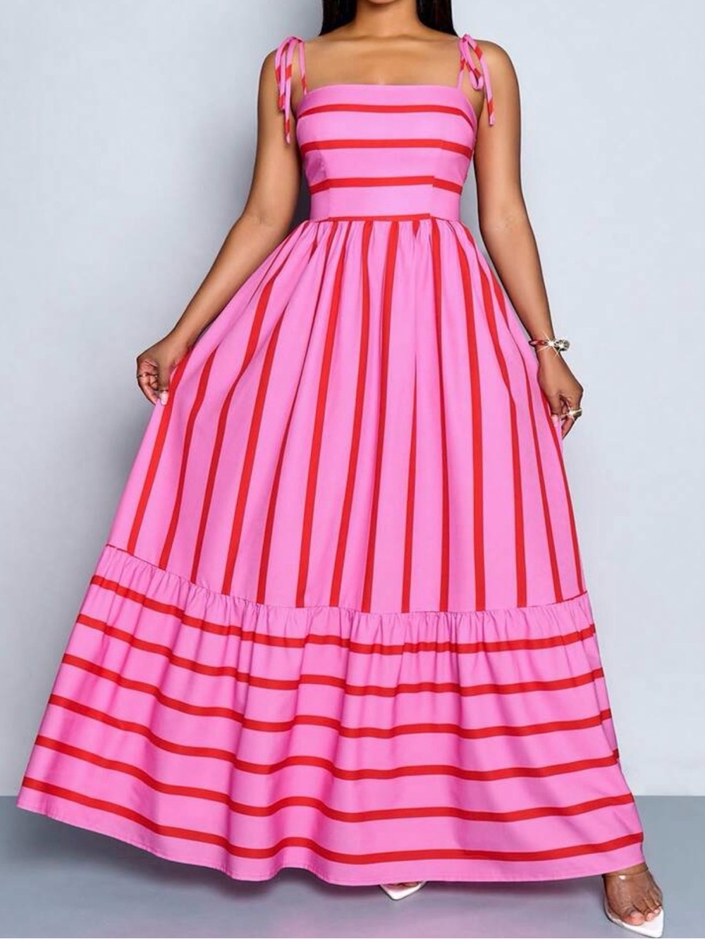 SHEIN Pink and Red Striped Tie-Shoulder Maxi Dress